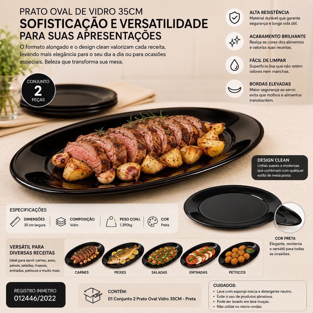 Conjunto 2 Prato Oval Vidro 35CM - Preta