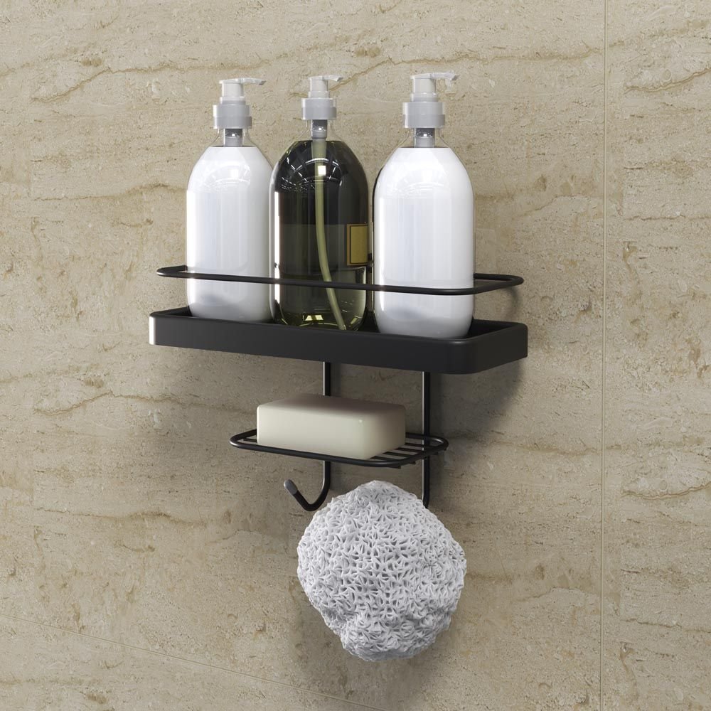 Porta Shampoo Retangular com Base e Saboneteira com Adesivo - Preto