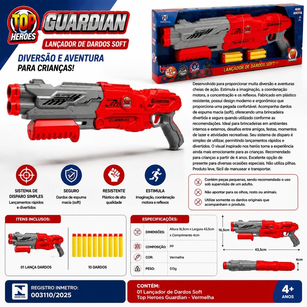 Lançador de Dardos Soft Top Heroes Guardian - Vermelha