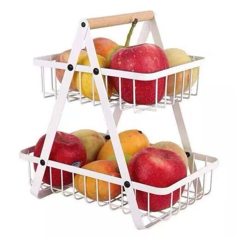Fruteira de Metal Multiuso 2 Andares com Alça em Madeira Natural Armazenar Frutas Temperos Utensílios - Sortida
