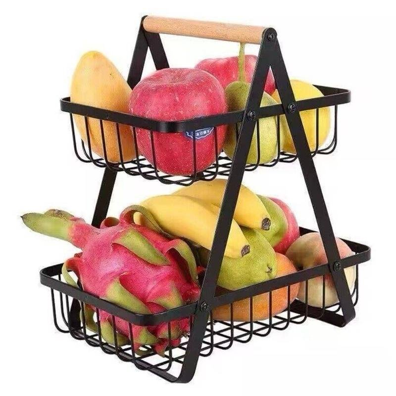 Fruteira de Metal Multiuso 2 Andares com Alça em Madeira Natural Armazenar Frutas Temperos Utensílios - Sortida