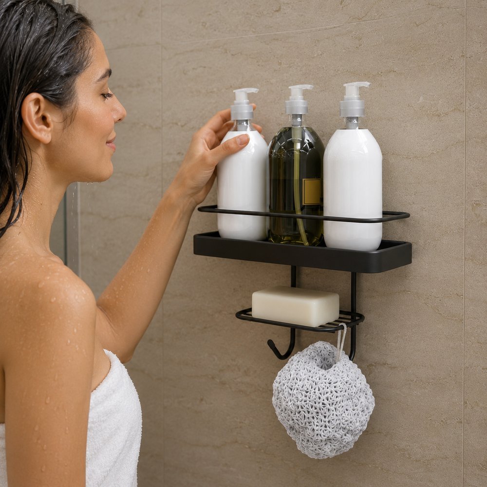 Porta Shampoo Retangular com Base e Saboneteira com Adesivo - Preto