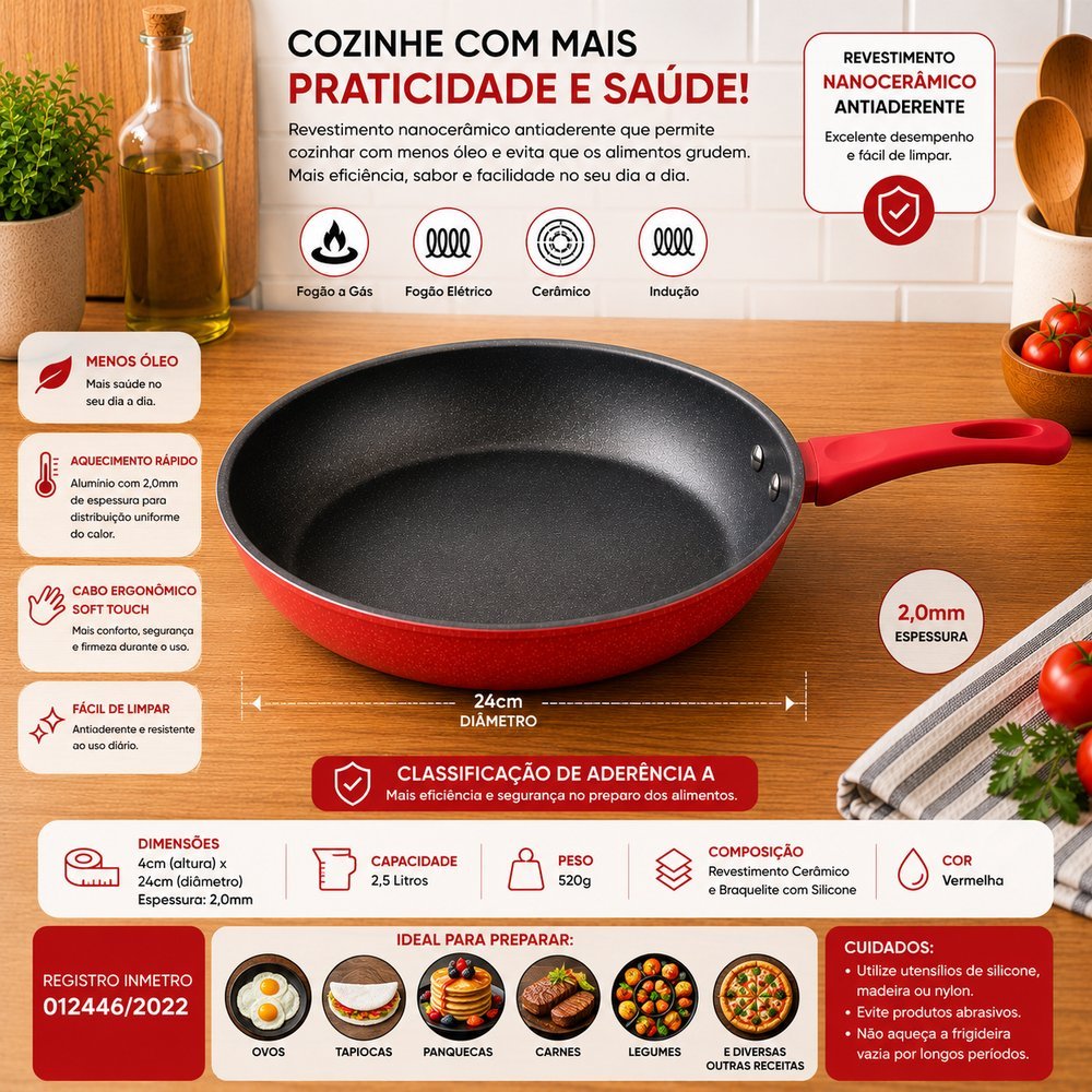 Frigideira Revestimento Nanocerâmico 24cm - Vermelha