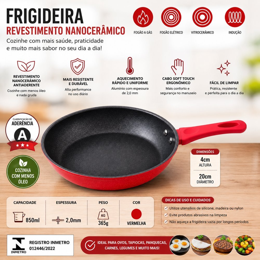 Frigideira Revestimento Nanocerâmico 20cm - Vermelha