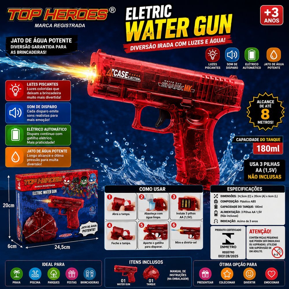 Pistola de Água Elétrica Recarregável com Luzes de Tambor